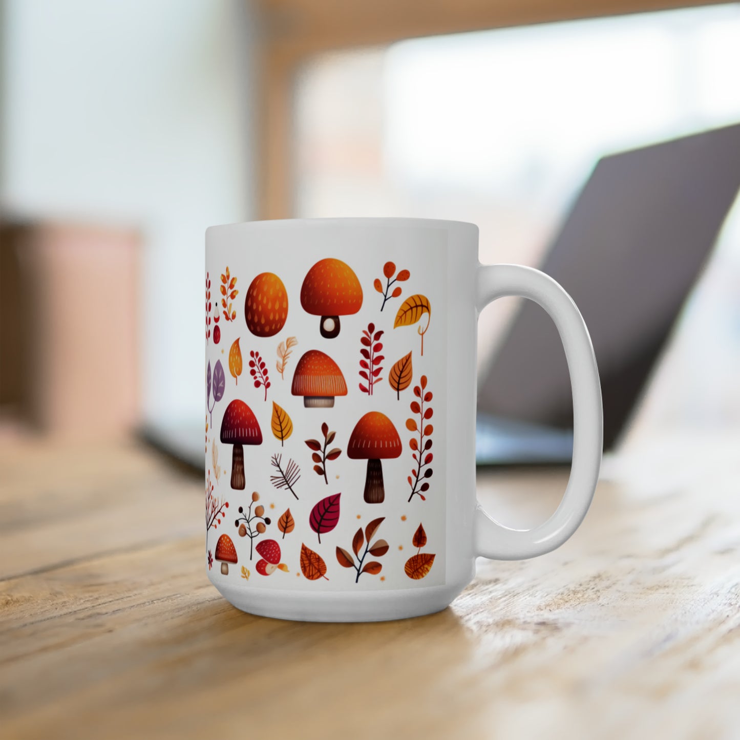 Mushrooms And Fall Leaves Ceramic Mug 15oz