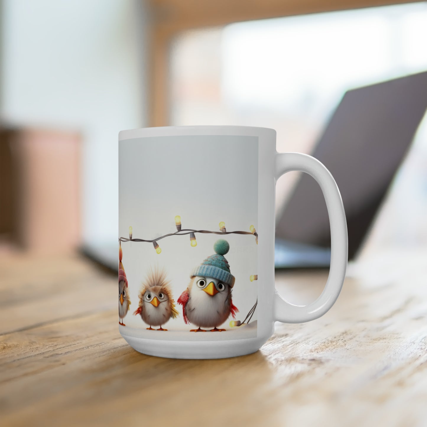 Birds and Christmas Lights Ceramic Mug 15oz