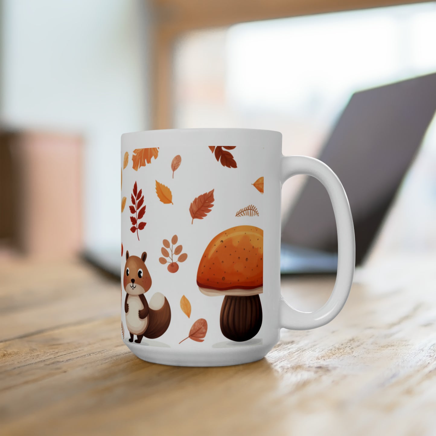 Squirrel and Fall Leaves Ceramic Mug 15oz