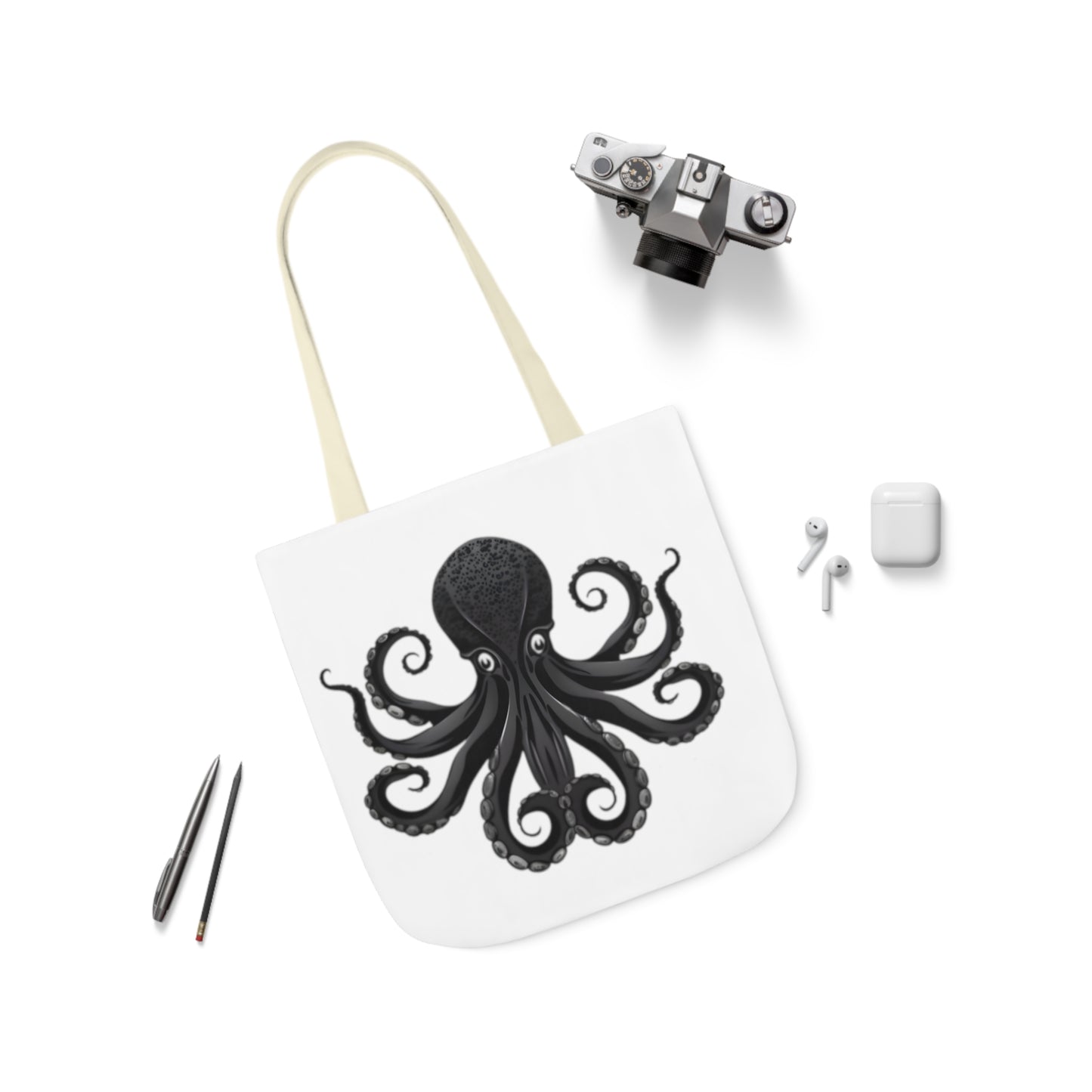 Black Octopus Polyester Canvas Tote Bag (AOP)