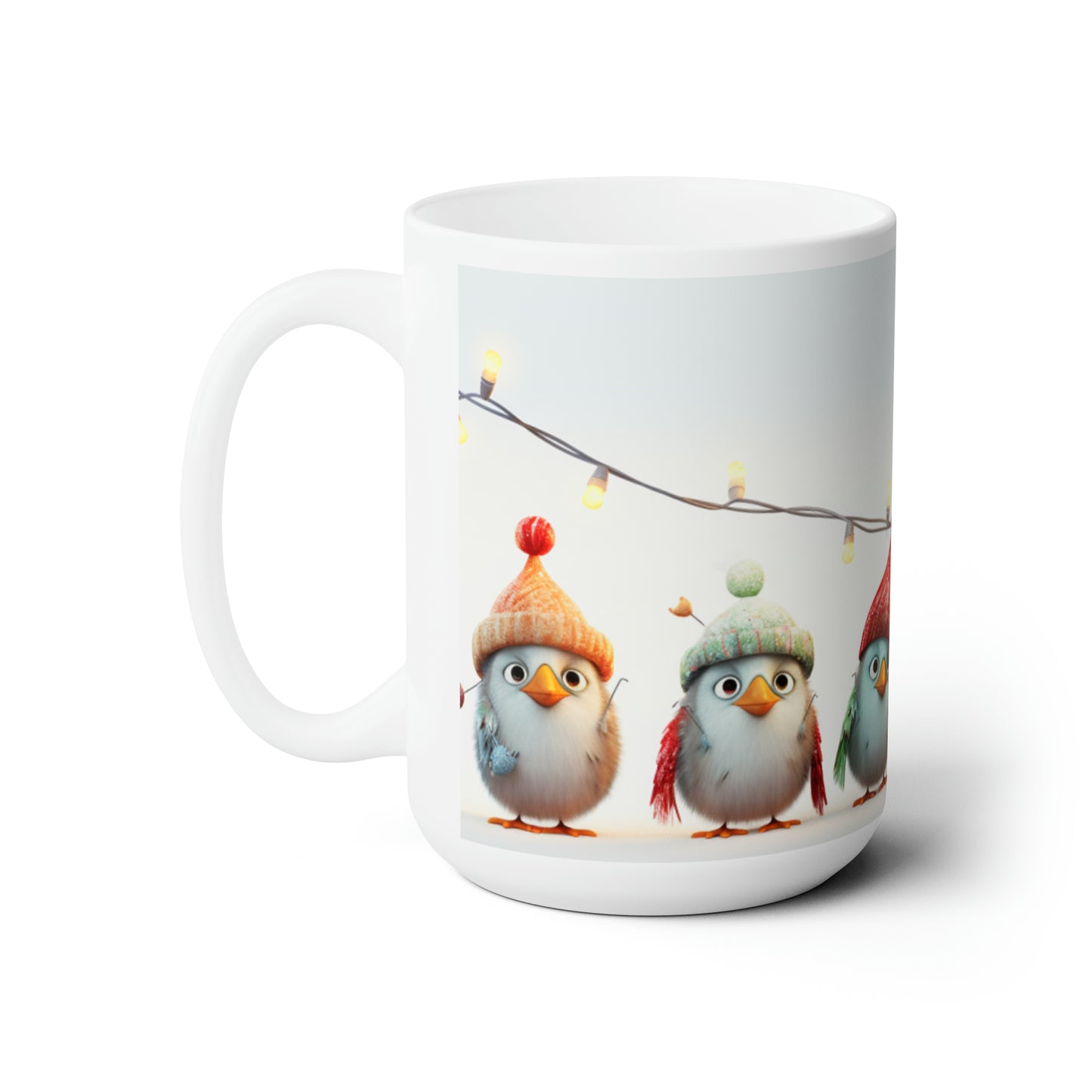 Birds and Christmas Lights Ceramic Mug 15oz