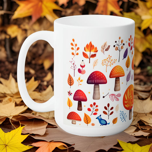 Mushrooms And Fall Leaves Ceramic Mug 15oz