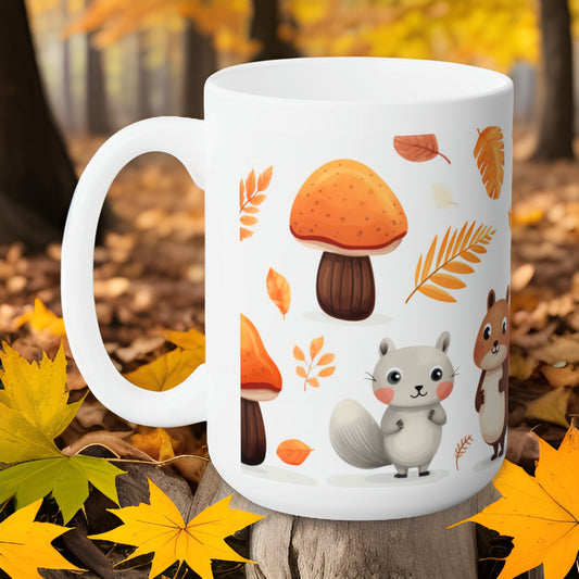 Squirrel and Fall Leaves Ceramic Mug 15oz