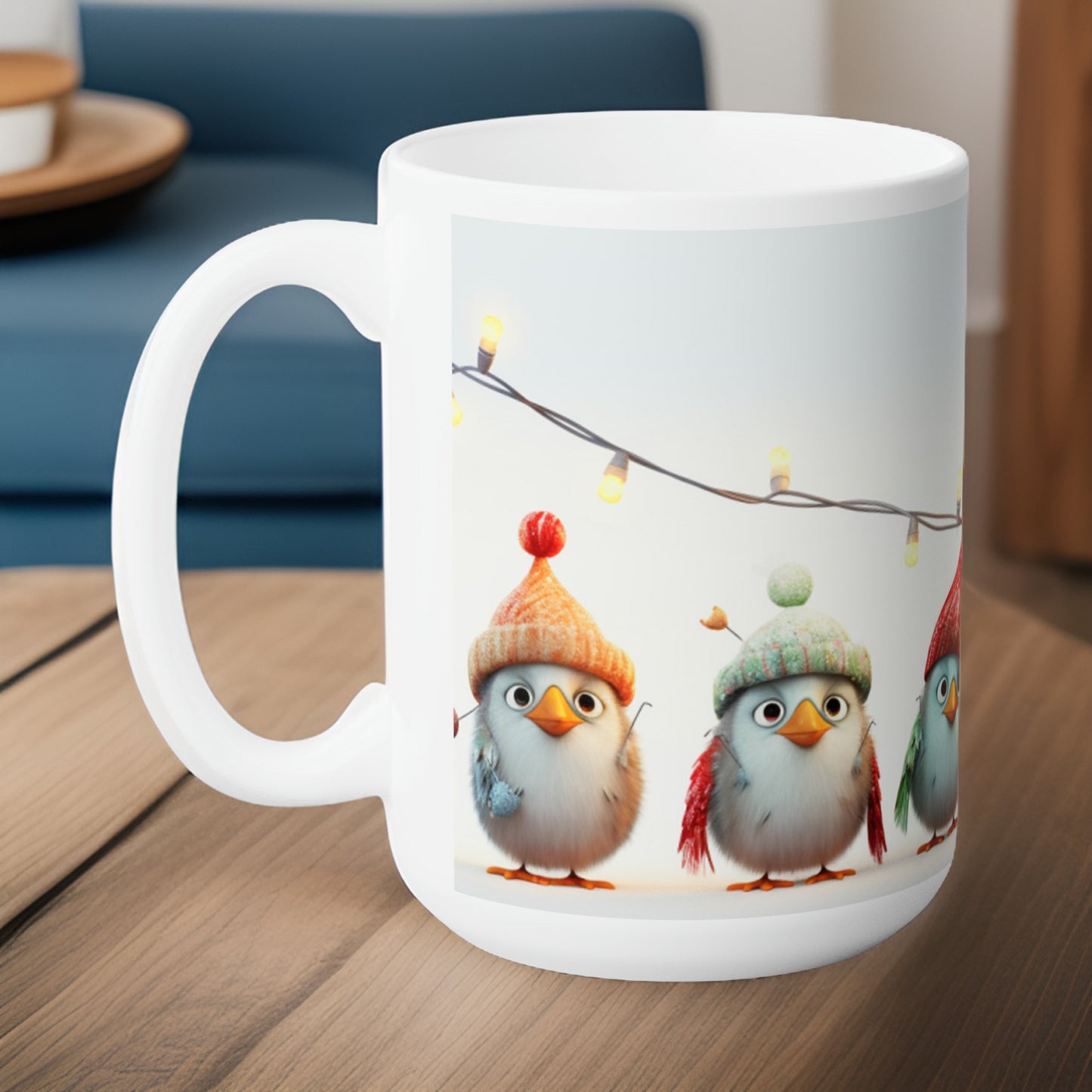 Birds and Christmas Lights Ceramic Mug 15oz